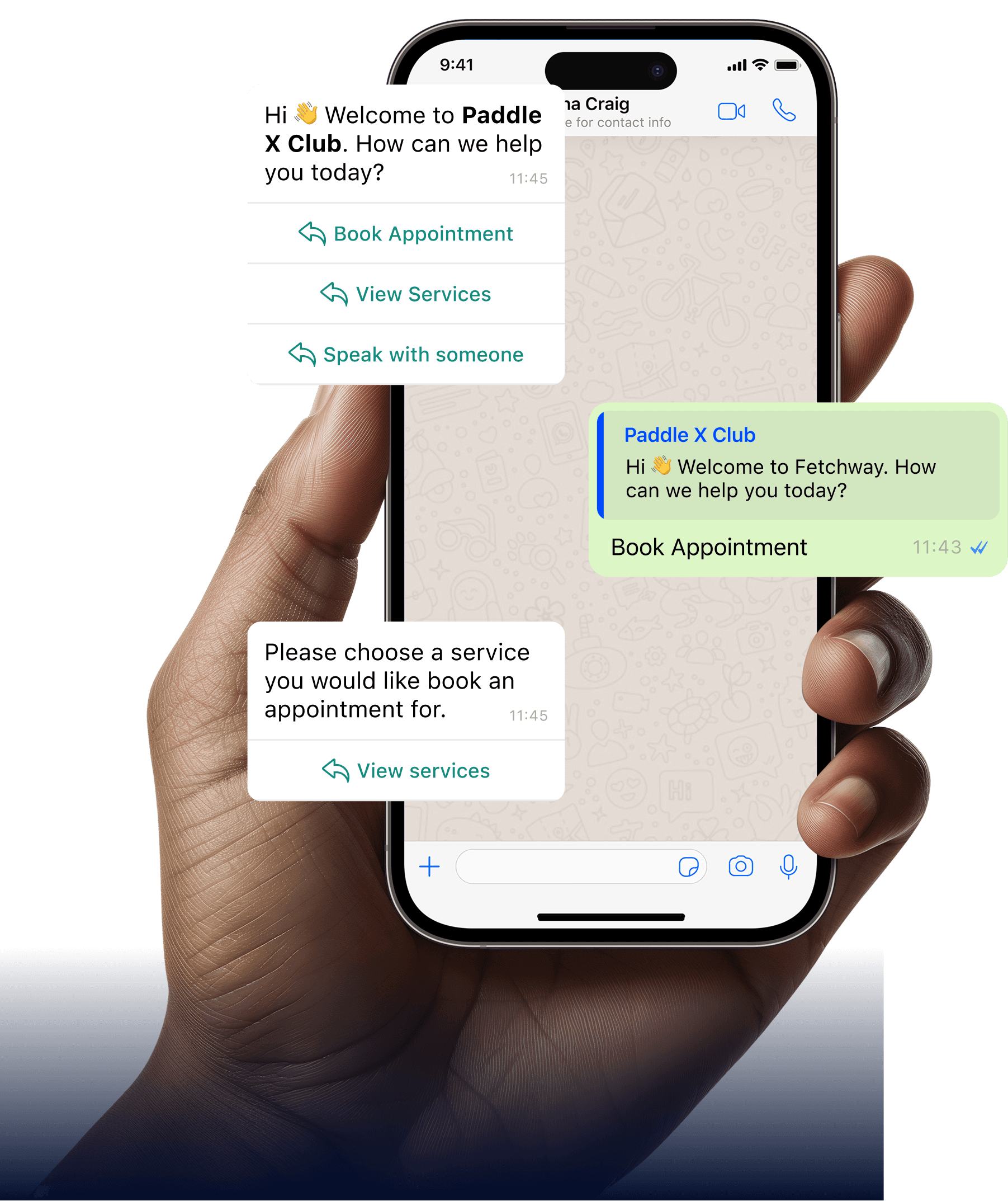 Hand holding a phone showing Fetchway in WhatsApp